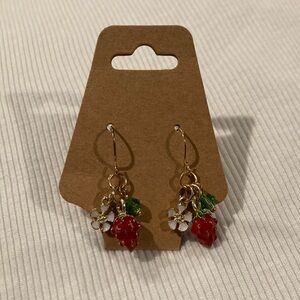 Gold-Tone Red Berry & Green Leaf Dangle Earrings